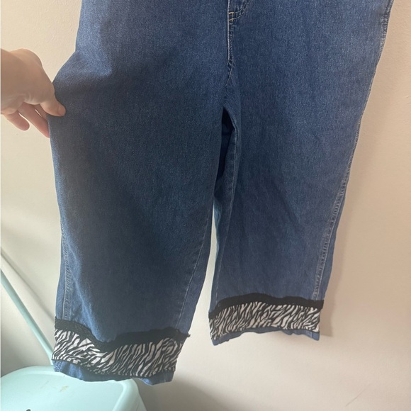 Vintage Y2K Wide Leg Denim Overalls Zebra Trim Boho 90s Vibe - Picture 3 of 7